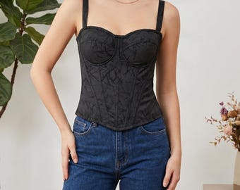 Black Boned Corset for Women | Push Up Shaping Bustier | Formal Dress Bodice | Structured Crop Top | Elegant Party Top.