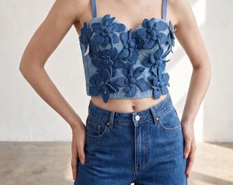 Denim Flower Rosette Tube Top | Boned Push Up Bustier | Applique Jean Bustier  |  Slim Fit Camisole for Women.