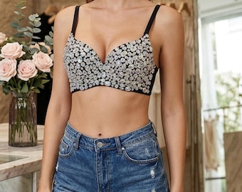 Rhinestone Bustier Top | Triangle Cup Push Up Bra | Seamless Backless Bralette | Crystal Padded Tube Top for Women.