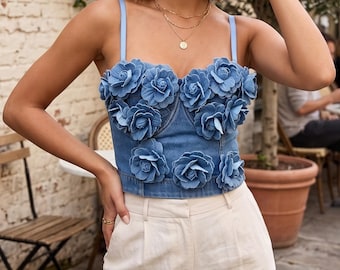 Flower Rosette Tube Top |  Denim Corset Top |  Super Cropped Push Up Bustier | Slim Fit 3D Floral Bodice