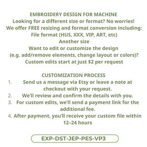 May include: An image with text that reads "EMBROIDERY DESIGN FOR MACHINE." It offers free resizing and format conversion, including file formats like HUS, XXX, VIP, and ART. It also offers customization options, with custom edits starting at $2 per request. The image also shows the customization process.
