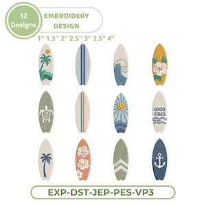 Puede incluir: Un conjunto de 12 diseños de bordado con formas de tablas de surf en varios colores y patrones, incluyendo palmeras, olas, flores, una tortuga, un ancla y el texto GOOD VIBES. Tamaños de 2,54 cm a 10,16 cm indicados en la imagen.