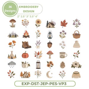 Puede incluir: Una colección digital de 36 diseños de bordado con temas de naturaleza y aire libre, incluyendo setas, flores, montañas, cabañas, calabazas, linternas y prendas. El texto incluye 36 Designs, Embroidery Design, 2, 2.5, 3, 3.5, 4 pulgadas y EXP-DST-JEP-PES-VP3.