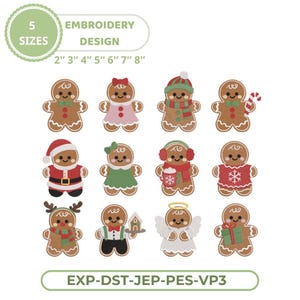 Puede incluir: Un conjunto de diseños de bordado digital con doce personajes de pan de jengibre con diversos atuendos y accesorios, incluyendo gorros, bufandas y artículos festivos. El texto dice 5 SIZES 2" 3" 4" 5" 6" 7" 8" y EXP-DST-JEP-PES-VP3.