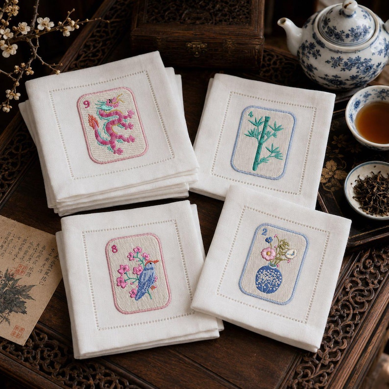 May include: Set of four white linen cocktail napkins with embroidered designs. Each napkin features a different image: a dragon, bamboo, a bird with flowers, and a vase of flowers. The napkins are arranged on a dark wooden surface.