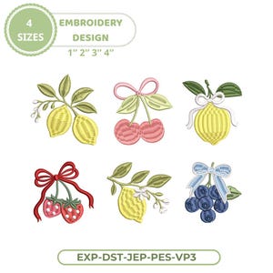 May include: Embroidery design featuring six fruit motifs: lemons, cherries, strawberries, and blueberries, each with a bow. The design includes the text "4 SIZES" and "EMBROIDERY DESIGN 1" 2" 3" 4"", along with the code "EXP-DST-JEP-PES-VP3".