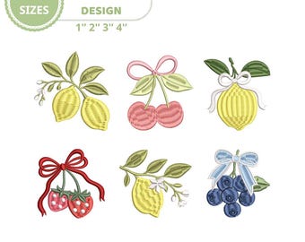 Mini-fruktbroderidesignpaket, citron, körsbär, jordgubb, blåbär, rosettset, Coquette Kitchen Decor Stitch, sommarbotaniska mönster