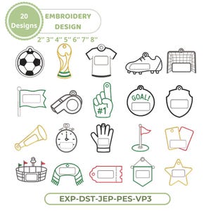 May include: A collection of 20 embroidery designs featuring soccer-themed icons. Designs include a soccer ball, trophy, jersey, cleat, goal, flag, whistle, foam finger, goal sign, shield, horn, stopwatch, glove, corner flag, cards, stadium, scarf, ticket, pennant, and star. Sizes range from 2 to 8 inches.