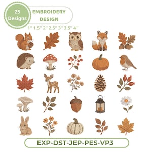 Può includere: Una collezione di 25 disegni per ricamo digitale con animali del bosco, foglie autunnali, funghi, zucche e fiori. Il testo include 25 DESIGNS EMBROIDERY DESIGN 1" 1.5" 2" 2.5" 3" 3.5" 4" e EXP-DST-JEP-PES-VP3.