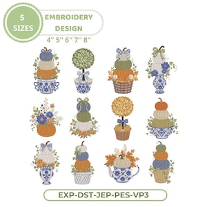 May include: An embroidery design set featuring twelve illustrations of stacked pumpkins, topiaries, and floral arrangements in blue and white ceramic vessels. Text includes 5 SIZES 4" 5" 6" 7" 8" and EXP-DST-JEP-PES-VP3. The motifs use orange, green, and blue.