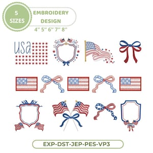 May include: An embroidery design set featuring patriotic American symbols. Includes the word "USA" with stars, flags, bows, and decorative frames. Available in 5 sizes: 4", 5", 6", 7", and 8".