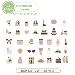 May include: A collection of 35 embroidery designs featuring various fashion and lifestyle elements. Designs include a high heel, handbag, perfume bottle, cake, heart, sunglasses, and a scooter. The designs range in size from 0.5" to 4". The text "EMBROIDERY DESIGN" is also present.
