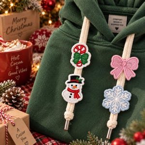 Christmas Hoodie Drawstring Charm Embroidery Design, Candy Cane Bow Snowman Snowflake, Festive Hoodie String Machine Embroidery