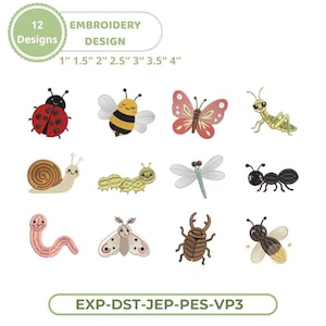 May include: A digital collection of 12 embroidery designs featuring cute insects including a ladybug, bee, butterfly, grasshopper, snail, caterpillar, dragonfly, ant, worm, moth, beetle, and firefly. Sizes range from 1 inch to 4 inches in width.