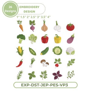 May include: A digital collection of 26 vegetable and herb embroidery designs in sizes 1" to 4". The set includes illustrations of carrots, beets, onions, garlic, tomatoes, broccoli, peppers, eggplant, corn, peas, zucchini, cabbage, cauliflower, chili, mushrooms, radishes, and various herbs.