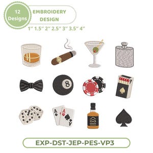 Op de afbeelding: Borduurontwerp set met 12 ontwerpen, waaronder een whiskyglas, sigaar, martini, fles, vlinderdas, achtbal, pokerchips, lucifers, dobbelstenen, speelkaarten, een fles drank en een schoppen. Maten variëren van 2,5 cm tot 10 cm.