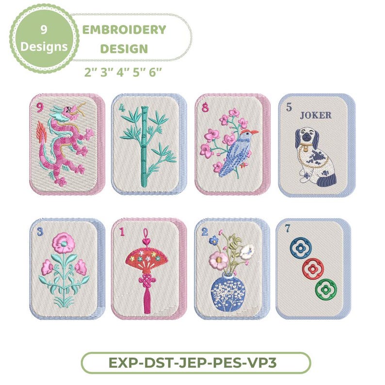 May include: Nine embroidery designs featuring various motifs, including a dragon, bamboo, flowers, and a dog. The designs are displayed on rectangular cards with pink and blue borders. The text "EMBROIDERY DESIGN" and sizes 2" to 6" are also visible.