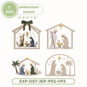 Pode incluir: Quatro desenhos de bordado com cenas da natividade apresentando Maria, José e o menino Jesus. Os desenhos incluem estrelas, palmeiras e estruturas de estábulos. O texto inclui 5 SIZES 4" 5" 6" 7" 8" e EXP-DST-JEP-PES-VP3.
