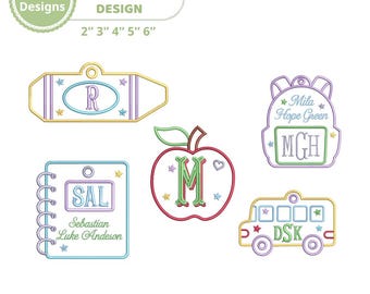 In the Hoop School Tag Embroidery Design, Backpack Name Tag, Apple Bus Notebook ITH Design, PES DST VP3