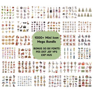Può includere: Una collezione digitale di oltre 1000 mini icone e 50 font BX in vari formati tra cui PES, DST, JEF, VP3, EXP e HUS. L'immagine mostra una griglia di svariate piccole illustrazioni raffiguranti animali, cibo, temi festivi e oggetti.