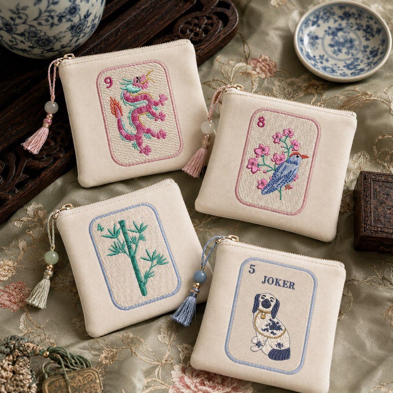 May include: Four off-white zippered pouches with embroidered designs. One features a pink dragon, another a blue bird and pink flowers, a third green bamboo, and the last a dog with the word "JOKER". Each has a tassel and bead.