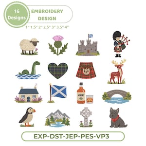 May include: A collection of 16 Scottish-themed embroidery designs including a sheep, thistle, castle, bagpiper, Loch Ness monster, tartan heart, kilt, deer, cottage, flag, whisky bottle, stone bridge, puffin, mountains, cross, and a terrier dog.