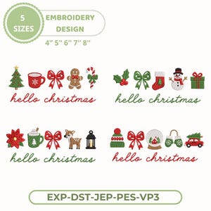 May include: A digital embroidery design set featuring four rows of Christmas-themed icons and the text hello christmas. Icons include a tree, mug, bow, gingerbread man, candy cane, holly, stocking, snowman, gift, poinsettia, deer, lantern, hat, snow globe, mittens, and car. Available in 4, 5, 6, 7, and 8 inch sizes.