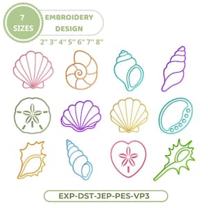 Può includere: Un disegno di ricamo con contorni di conchiglie in rosa, arancione, verde acqua, viola, giallo e verde. Il disegno include un dollaro di sabbia e una conchiglia a forma di cuore. Il testo indica 7 misure disponibili, da 5 a 20 cm.