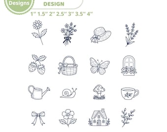 Cottagecore Embroidery Design Machine, Wildflower Outline Embroidery Files, 16 Mini Garden Sketch Pack, pES DST EXP JEF VP3 7 Sizes Pack