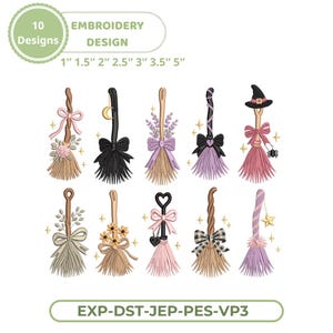 Peut inclure: Un ensemble de 10 motifs de broderie représentant des balais de sorcière décorés de nœuds, fleurs, étoiles, lunes et chapeaux. Le texte indique 10 Designs, Embroidery Design, 1, 1.5, 2, 2.5, 3, 3.5, 5 pouces, et EXP-DST-JEP-PES-VP3.
