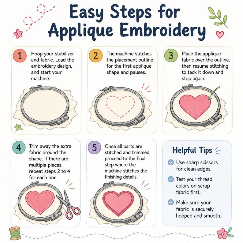 May include: An instructional infographic titled Easy Steps for Applique Embroidery, featuring five numbered steps with illustrations of an embroidery hoop, fabric, and a heart shape, plus a section for Helpful Tips with three bullet points.