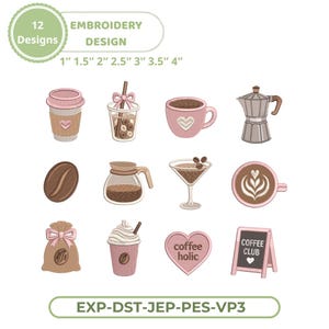 May include: An embroidery design set featuring 12 coffee-themed designs. Includes a coffee cup, coffee bean, coffee pot, and a sign that says "Coffee Club". The designs range from 1" to 4" in size.