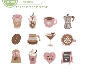 Coffee Mini Embroidery Bundle, Barista Cafe Icons, French Press Moka Pot Coffee Bean PES DST JEF VP3 Machine Embroidery File