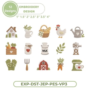 May include: A collection of 12 embroidery designs featuring farm-themed images. Designs include a house, pitcher, basket, chicken, watering can, crate of vegetables, jar with a heart, milk jug, sprig, windmill, gloves, pitchfork, barn, and carrots. The designs range from 1" to 4" in size.