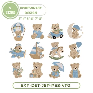 Puede incluir: Un conjunto de diseños de bordado digital con doce ilustraciones de ositos de peluche marrones en varias escenas, incluyendo un globo aerostático, avión, velero, caballito de balancín y luna. El texto incluye 5 SIZES 3" 4" 5" 6" 7" 8" y EXP-DST-JEP-PES-VP3.