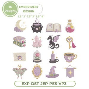 May include: A collection of 16 embroidery designs featuring mystical and magical motifs in shades of purple, pink, and gold. The set includes a crescent moon, cauldron, open book, potion bottle, stacked books, crystals, dragon, key, envelope, rose, candle, teacup, moth, mirror, witch hat, and banner.