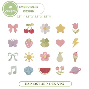 May include: A collection of 20 embroidery designs in various shapes, including a bow, cherries, a daisy, a star, a tulip, a butterfly, a strawberry, a four-leaf clover, a heart, a lightning bolt, a musical note, a seashell, a watermelon slice, a flower, a pear, an ice cream cone, and a planet. Sizes range from 0.5" to 4".