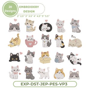 Puede incluir: Una colección digital de 20 diseños de bordado con varios gatos en diferentes poses, colores y expresiones, incluyendo gatos en tazas, cajas y con lana, etiquetados con tamaños de 5,08 a 13,97 cm y formatos de archivo EXP, DST, JEP, PES, VP3.