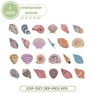 Puede incluir: Un conjunto de diseños de bordado digital que presenta veinticuatro ilustraciones de conchas marinas distintas en varios colores y patrones. El texto 5 SIZES EMBROIDERY DESIGN 2" 3" 4" 5" 6" y EXP-DST-JEP-PES-VP3 aparece arriba y abajo.
