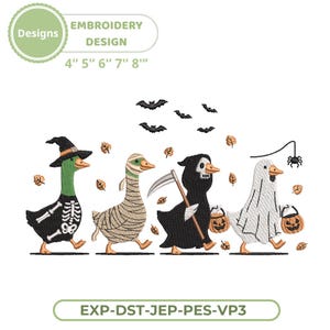 May include: An embroidery design featuring four ducks in Halloween costumes: a skeleton, a mummy, a grim reaper with a scythe, and a ghost holding a pumpkin bucket. The design includes bats and autumn leaves, with text reading Designs, Embroidery Design, 4" 5" 6" 7" 8", and EXP-DST-JEP-PES-VP3.