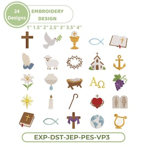 May include: A collection of 24 religious embroidery designs featuring icons such as a brown cross, white dove, gold chalice, open bible, praying hands, lamb, crown of thorns, church, anchor, lily, shell, manger, grapes, star, candle, staff, heart, and tablets.