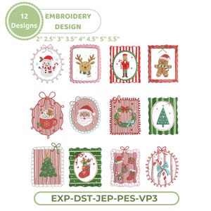May include: A collection of 12 Christmas-themed embroidery designs featuring a snowman, reindeer, nutcracker, gingerbread man, hot cocoa, Santa, wreath, Christmas tree, stocking, and candy cane. Text includes 12 DESIGNS, EMBROIDERY DESIGN, 2" 2.5" 3" 3.5" 4" 4.5" 5" 5.5", and EXP-DST-JEP-PES-VP3.