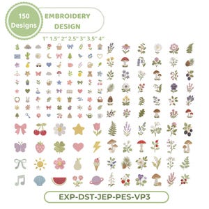 May include: A digital collection of 150 embroidery designs featuring small botanical, nature, and whimsical icons. The text reads 150 DESIGNS EMBROIDERY DESIGN 1" 1.5" 2" 2.5" 3" 3.5" 4" and EXP-DST-JEP-PES-VP3. The icons include flowers, mushrooms, fruits, and shapes.