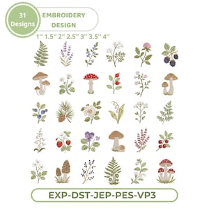 Puede incluir: Una colección digital de 31 diseños de bordado con ilustraciones botánicas de helechos, lavanda, setas, bayas y flores. El texto incluye 31 DESIGNS, EMBROIDERY DESIGN, 1" 1.5" 2" 2.5" 3" 3.5" 4" y EXP-DST-JEP-PES-VP3.