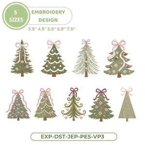 Peut inclure: Un ensemble de motifs de broderie numérique présentant neuf illustrations distinctes d'arbres de Noël dans des tons de vert, rose et rouge. Le texte 5 SIZES EMBROIDERY DESIGN 3.9" 4.9" 5.9" 6.9" 7.9" et EXP-DST-JEP-PES-VP3 est inclus.