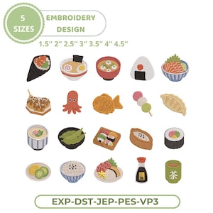Könnte beinhalten: Ein Stickdesign-Set mit 20 japanischen Lebensmittel-Icons, darunter Sushi, Ramen, Takoyaki und Gyoza. Der Text lautet 5 SIZES, 1.5" 2" 2.5" 3" 3.5" 4" 4.5" und EXP-DST-JEP-PES-VP3. Jede farbenfrohe Grafik stellt ein kulinarisches Objekt dar.