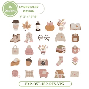 May include: A set of 26 embroidery designs with autumn themes. Designs include a coffee cup, leaf, lantern, pumpkin, boots, scarf, glasses, sweater, books, candle, bag, hat, flowers, camera, sock, pie, acorn, yarn, pillow, armchair, house, and envelope.