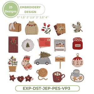 Può includere: Una collezione di 25 disegni per ricamo digitale a tema festivo e invernale, tra cui una valigia, un maglione, bacche, regali, rami di pino, porta, albero, busta, casa, barattolo, pianta, calzini, auto, insegna, ornamento, filato, tazza e biscotti.