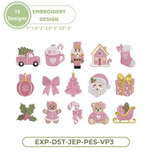 May include: A collection of 15 Christmas-themed embroidery designs in shades of pink and white. The set includes a truck, cocoa mug, nutcracker, gingerbread house, stocking, ornament, bow, tree, Santa, gift, holly, gingerbread person, candy cane, bear, and sleigh.