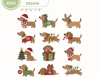 May include: An embroidery design set featuring twelve brown dachshunds in various holiday outfits, including Santa hats, sweaters, reindeer antlers, and scarves. The dogs are depicted with Christmas trees, gifts, and lights. Text includes 5 SIZES 4" 5" 6" 7" 8" and EXP-DST-JEP-PES-VP3.